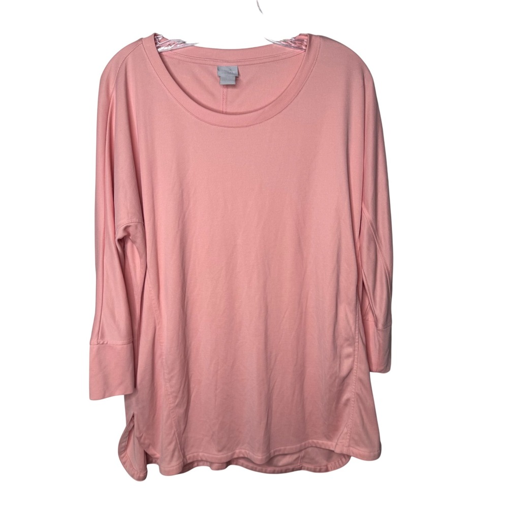 Chicos Pink Ribbed Modal Blend Tunic Top 3/4 Sleeve Size 2 Large Scoop Neck